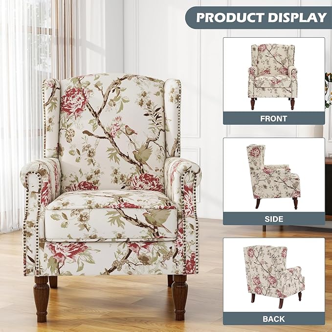 UIXE High Back Accent Chairs Set of 2, Fabric Upholstered Armchair for Living Room, Retro Printed Wingback Arm Chair Rivet Trimed Single Sofa Bedroom Reading Seat - Beige Floral