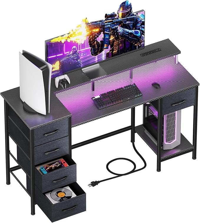 47 Inch Computer Gaming Desk with Power Outlets & LED Lights Reversible Home Office Desk with Adjustable 5 Fabric Storage Drawers for Working Writing Study, Carbon Fiber Black