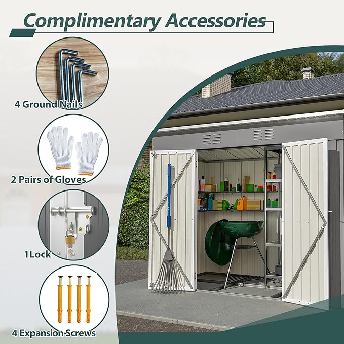 8x4 FT Outdoor Storage Metal Shed with Air Vents Sloping Roof Double Lockable Doors Waterproof Tool Galvanized Ideal for Backyard Patio Lawn Gray Shed Storage