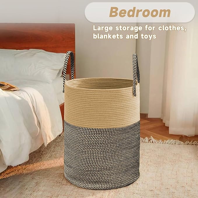 Large Woven Laundry Basket Hamper,100L Cotton Rope Storage Bin for Blankets,Toys and Clothes,Decorative Tall Nursery Hamper for Living Room,Baby Nursery,Bathroom and Bedroom,Brown and Black