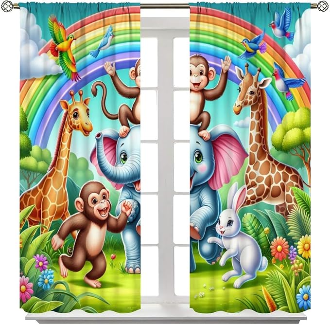 Animals Window Curtain Rod Pocket Kids Boys Girls Forest Giraffe Elephant Monkey Flowers Window Treatment for Baby Children Bedroom Living Room 63" W X 63" L
