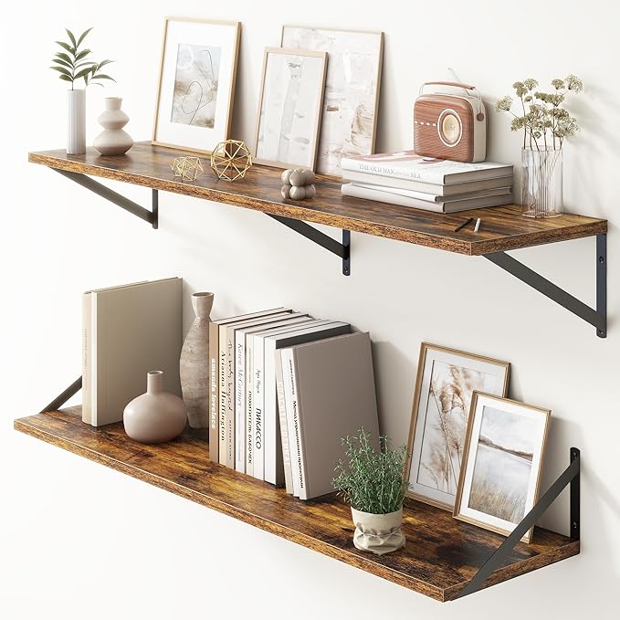 Floating Shelves 48 Inch Long, 10" Deep Floating Shelves, Wall Shelves 48 x 10, Set of 2, Wide Large Display Storage Shelves for Bathroom, Living Room, Rustic Wood Shelves with Brackets, Rustic Brown