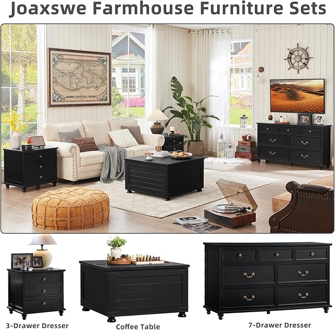 24" Wide Farmhouse Night Stand,Large End Table with 3 Drawers & Metal Handle,Black Wood Dresser for Bedroom Cabinet, Bed Side Tabl·e Chest of Drawers,Nightstand for Living Room,Close