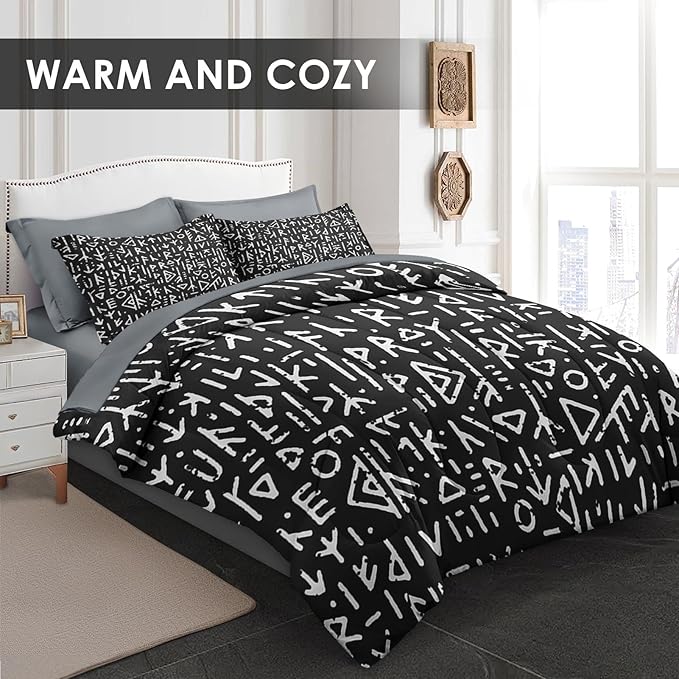 Comforter Set Queen Size, Gothic Viking Black 7 Pcs Bedding for Kids and Adults, Geometric Medieval Norse Bed Sheet Sets with Fitted Sheet 2 Pillowcases & 2 Shams for Bedroom Bed Decor
