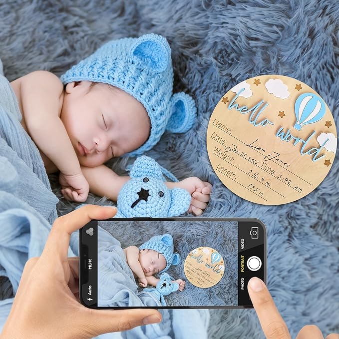 Hello World Newborn Sign - 5.9” Round Wooden Baby Announcement Sign with 3D Hot Air Balloon, Clouds & Stars - Keepsake Birth Gift for Baby Boy’s First Day, Hospital, Shower, or Nursery Décor (Blue)