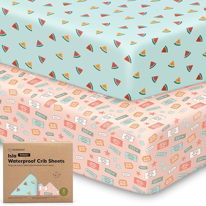 2-Pack Waterproof Baby Crib Sheets for Boys, Girls - 52x28 Viscose Derived from Bamboo Toddler Bed Sheet Neutral, Fitted Crib Mattress Protector Cover for Baby Bedding, Soft & Gentle (Beach Day)