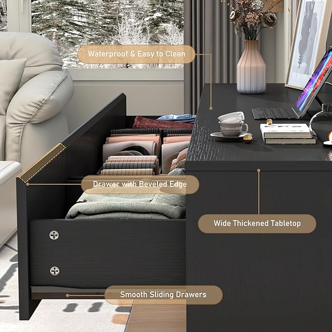 Black malm Dresser for Bedroom, 63 Inch Long 9 Drawers Dresser with Charging Station, Modern Large Wood Chest of Drawers Handle Free for Bedroom, Living Room, Entryway, Hallway, Black
