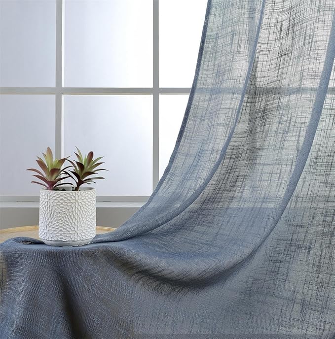 MIUCO Semi Sheer Curtains Poly Linen Textured Solid Grommet Curtains 63 Inches Long for Bedroom 2 Panels (2 x 37 Wide x 63" Long) Dusty Blue