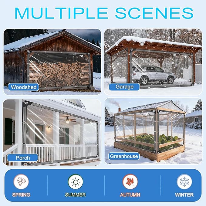 7x11 FT Clear tarp Waterproof Heavy Duty,Plastic Tarp Edge Heat Fused Rope+Tie-Downs, with Outdoor Patio Enclosure Chicken Coop Cover Waterproof Transparent Tarpaulin, for Porch Greenhouse Plant