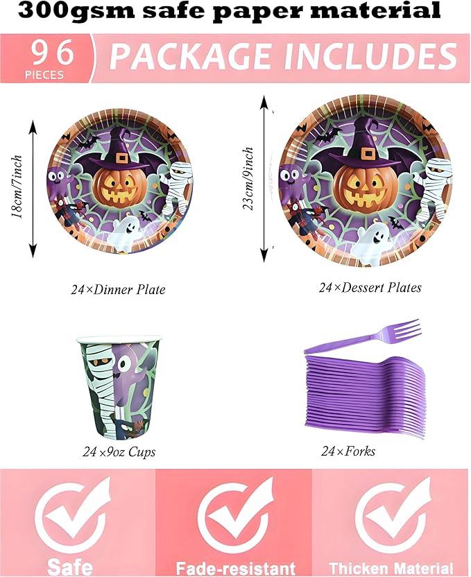 Halloween Paper Plates,Cups,Forks(96Pcs)-Disposable Party Plates Heavy Duty,Party Supplies Tableware Set|Paper Plates 9 inch & 7 inch,Spooky Decor(Flying Pumpkin,Ghost,Zombie,Bat) for Kids Halloween