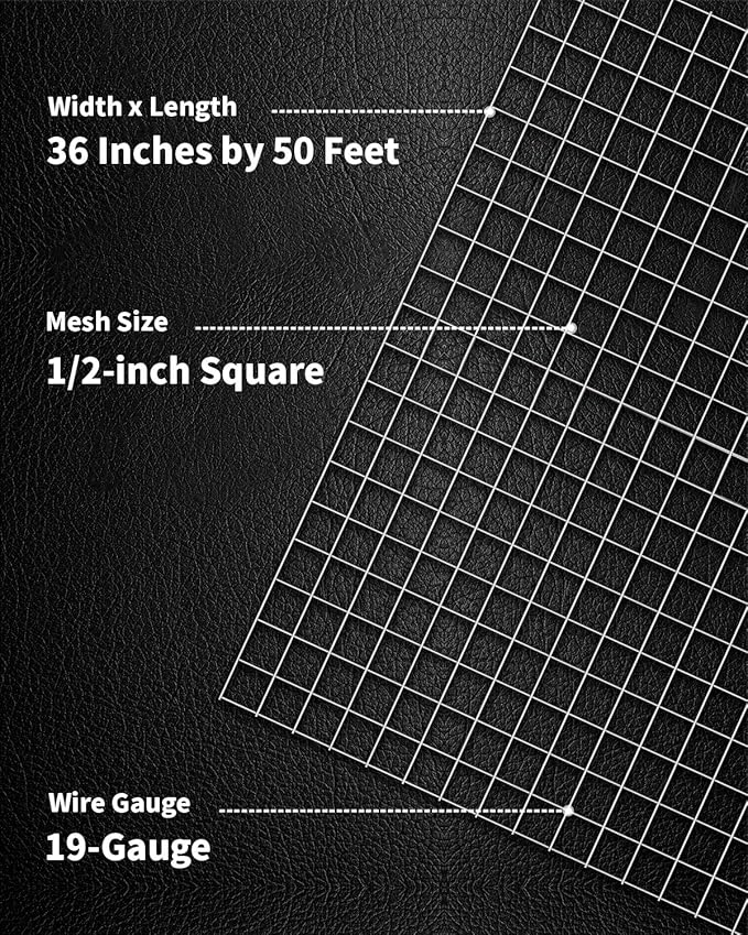 Hardware Cloth 1/2 inch 36 inch x 50 Foot 19-Gauge, Hot-Dip Galvanized After Welding, Galvanized Wire Mesh Roll Chicken Wire Fence Roll Gopher Wire Mesh Tree Guard Hardware Mesh