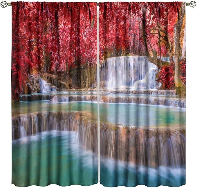 Natural Landscape Waterfall Blackout Curtains, Scenic View Waterfall Forest Autumn Window Drapes, for Bedroom Living Room 63" W X 72" L