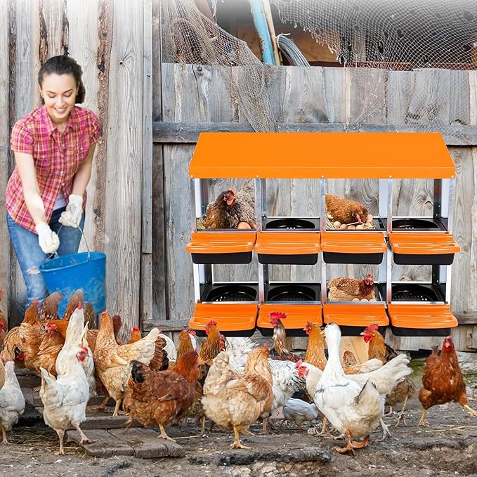 Chicken Nesting Box, 8 Hole 2 Layer Hen Nest Boxes, Roll-Away Egg Collection System with Ventilation Holes，Rustproof Plastic Tray & Keyhole Mounting, Chicken Laying Box