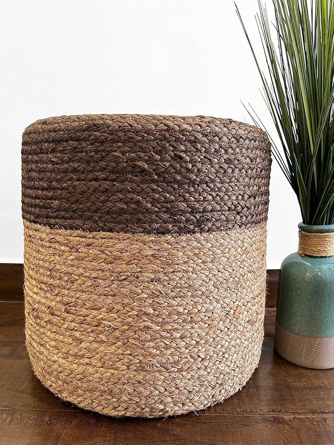 Jute Pouf Ottoman | Footrest Pouf | Hand Braided - Round Boho Pouffe - for Living Room, Bedroom, Nursery (16"x16"x16") Grey