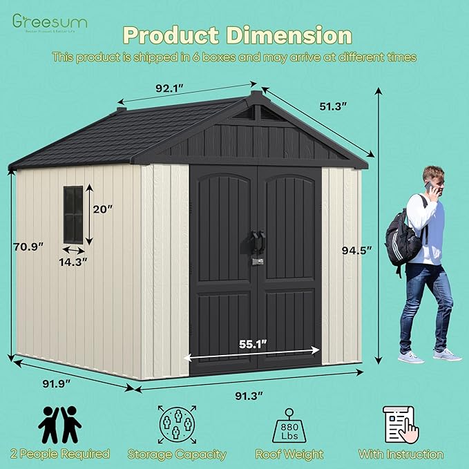 Greesum 8×8 FT Plastic Outdoor Storage Shed with Floor, Resin Sheds with Window and Lockable Door, Weather Resistant Organization for Garden, Lawn, Pool Supplies, Beige