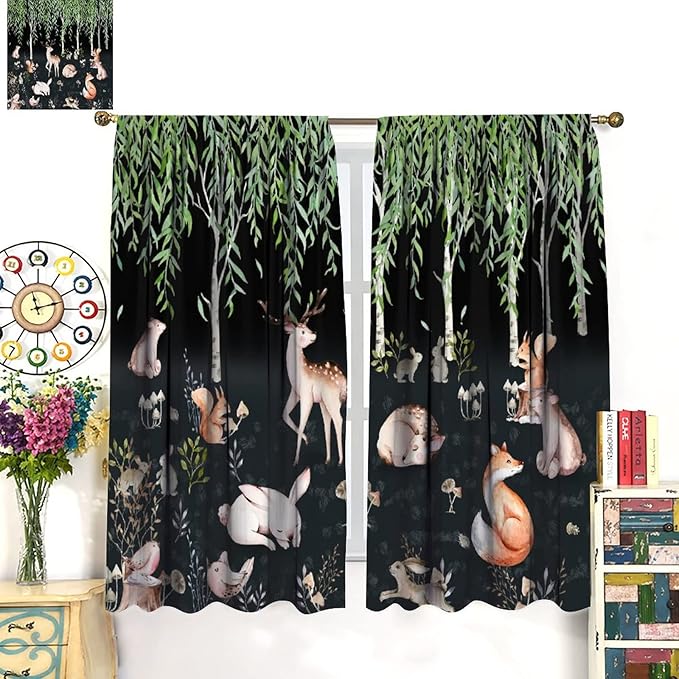 Forest Animal Curtains, Watercolor Cartoon Woodland Plants Animals Bears Moose Mushrooms Printed Curtains for Kids Boys and Girls Bedroom Window Drapes 72x63in