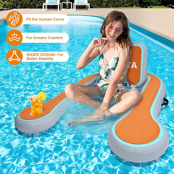 Inflatable Floating Chair Pool Lounger Float for Adults with Cup Holder, Floating Chair with Non-Slip EVA Pad Storage Bag for Pool, Lake, River, Party, Beach, 48 X 45 Inch