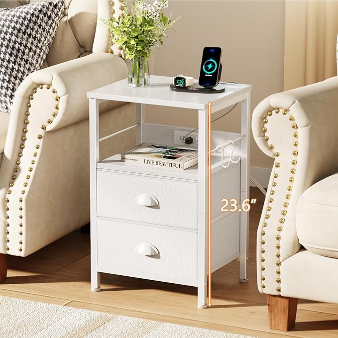 Furologee End Table with Charging Station, Nightstand with Fabric Drawers, Side Tables with USB Ports & Outlets, Night Stand with Storage Shelf & Hooks, for Living Room/Bedroom, White