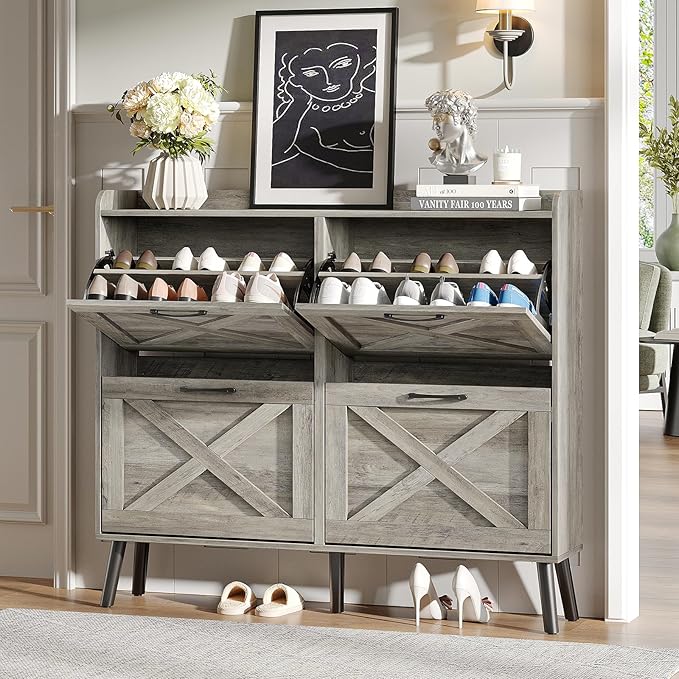 Maupvit Large Shoe Storage Cabinet with 4 Flip Drawers, Narrow Shoe Cabinet for Entryway with Wooden Legs, Freestanding Hidden Shoe Rack Organizer ＆ Metal Hinges, Washed Gray