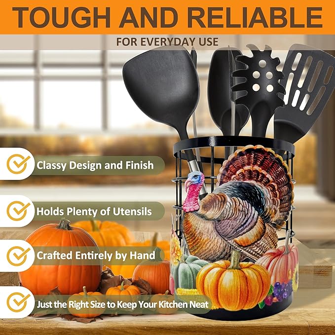 Thanksgiving Turkey Utensil Holder, Thanksgiving Turkey Pumpkin Kitchen Decor Utensil Organizer for Countertop, Fall Metal Cooking Tools Farmhouse Counter Decor, Kitchen Gifts Utensil Caddy Harvest