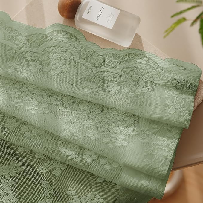 Anmao Vintage Sage Green Lace Curtains 90 Inches Long 2 Panels Sets, Romantic Light Filtering Semi Sheer Floral Thick Lacy Curtain Drapes for Living Room and Bedroom, Each Panel 55W x 90L, Sage Green