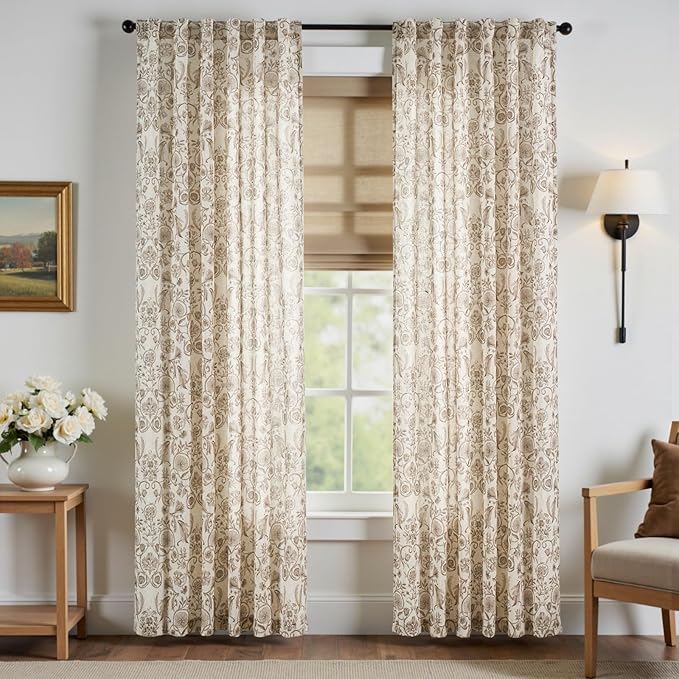 jinchan Linen Floral Curtains for Living Room with Printed Flower 84 Inches Long Light Filtering Farmhouse Window Treatment Vintage Drapes Back Tab Rod Pocket 2 Panels Taupe on Beige