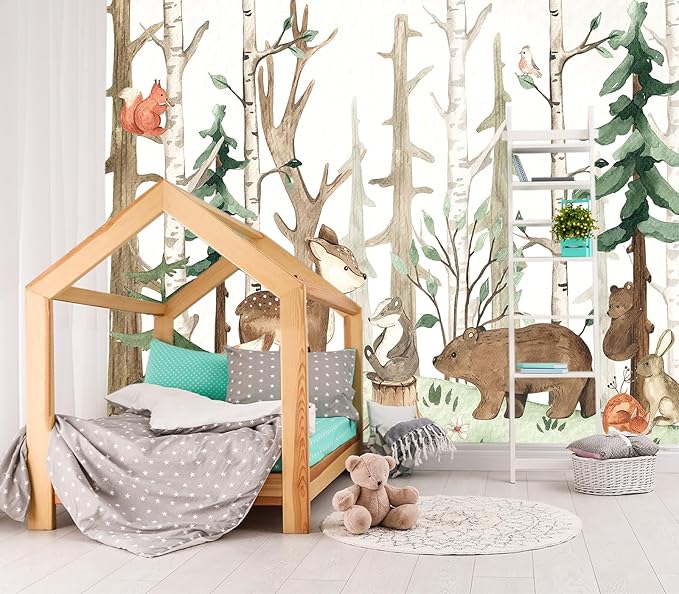 XMPMBM-Cartoon Hand-Painted Animals Woodland Nursery Room Fabric Wallpaper Graffiti Pine Forest Kids Gaming Room Wall Mural-W 88" X H 59"（36 Square Foot）