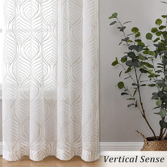 VISIONTEX Sheer Curtains 84 Inches Long 2 Panels Set Taupe Moroccan Embroidery Texture Geometric Rod Pocket Ivory White Voile Tulle Semi Window Treatment Pair for Bedroom Living Room 54 x 84 Inches