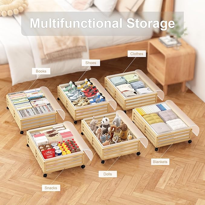 Under Bed Storage with Wheels-Large Bamboo Underbed storage Containers with Large Dust Bag Stackable Under the Bed Shoe Storage Bins for Clothes Books Bedding (2 Packs Nature, 23.62"L×16.54"W× 6.51"H)