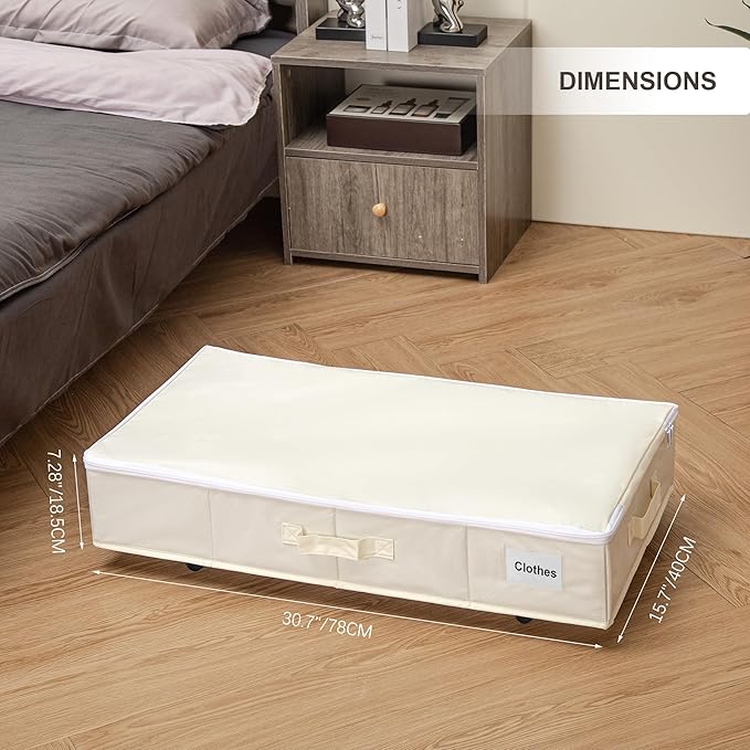 Under Bed Storage with Wheels, 2 Pack Under Bed Storage Containers with Label Holders for Clothes, Shoes and Blankets, Rolling Underbed Shoe Organizer with Cover, Beige (30.71x15.7x7.28 in)