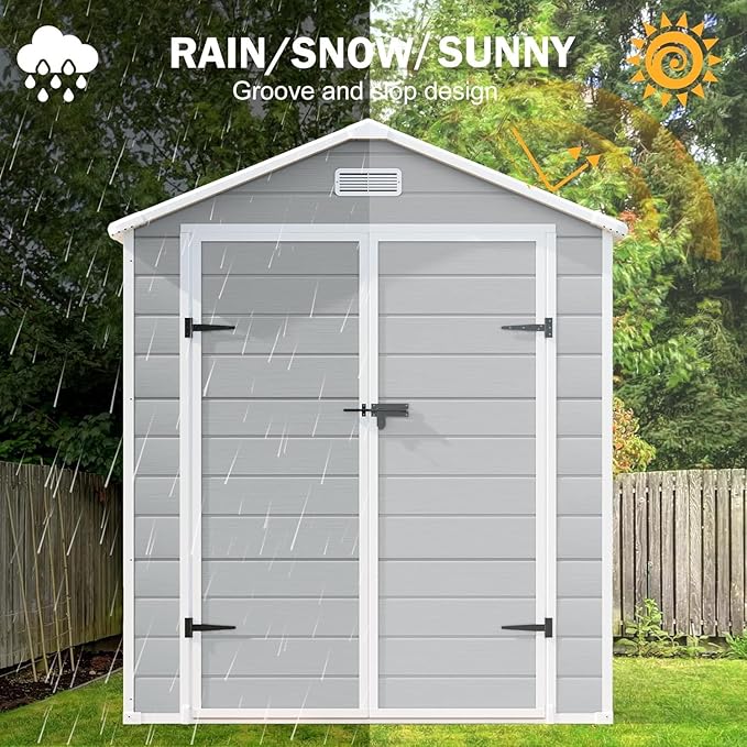 6x3 FT Resin Storage Shed, Waterproof Outdoor Shed with Floor Included, Window, Double Lockable Doors & 2 Vents, Outside Plastic Sheds for Garden Patio Backyard, Grey