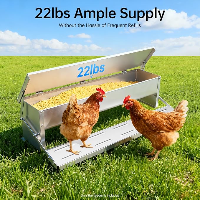 Automatic Chicken Feeder, Large Capacity Metal Treadle Feeder with Rust-Proof Sheet, Rat Proof & No Waste Design Outdoor Coop Food Dispenser for Hens, Ducks, Geese (22lbs)