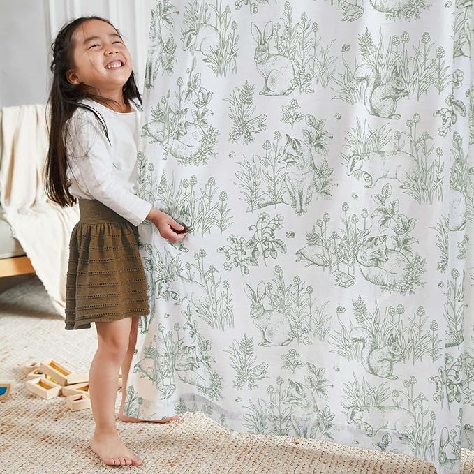 jinchan Linen Nursery Curtains 96 inch Long Woodland Wildlife Sage Green Print Drapes for Kid's Room Light Filtering French Country Farmhouse Curtains with Bunny and Forest Design Set of 2 Panels
