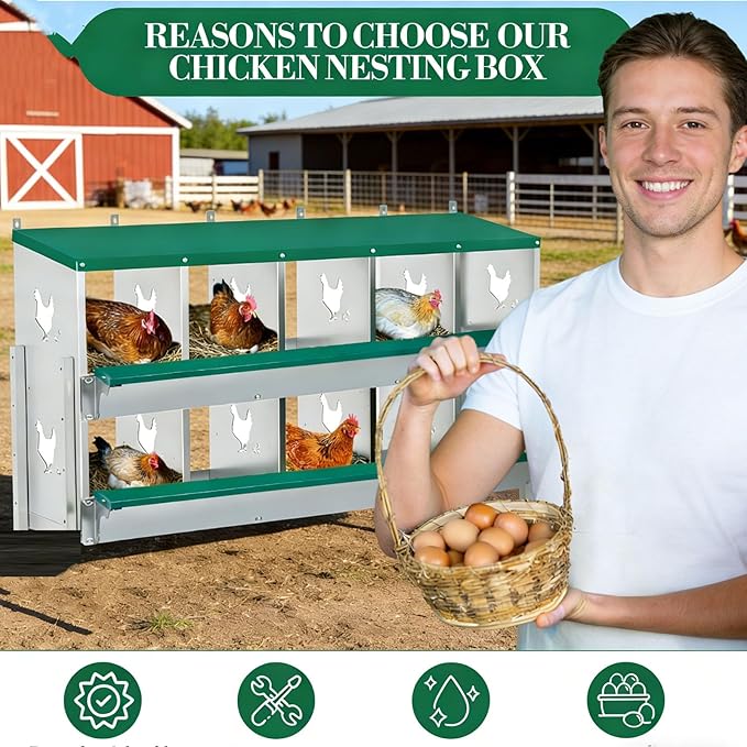 Chicken Nesting Box 10 Compartment with 10 Pet Moisture Pads and 4 Fake Eggs Roll Away Egg Collection, Perch, Lid Cover for Egg Protection - Wall Mount/Free Standing Nest Box for Chickens, Hens, Ducks