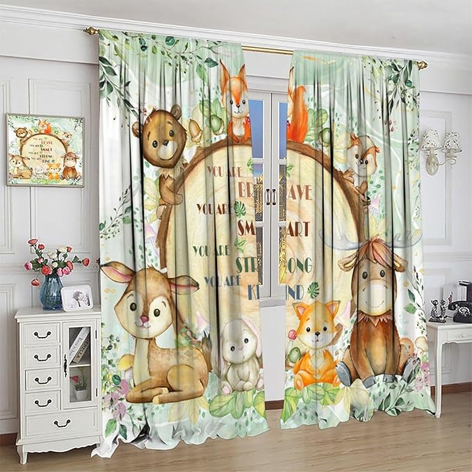 Kids Safari Animal Curtains Cute Watercolor Wildlife Jungle Window Treatments for Boys Girls Bedroom Inspirational Motivational Quotes Nursery Children Drapes for Living Room W55xL63