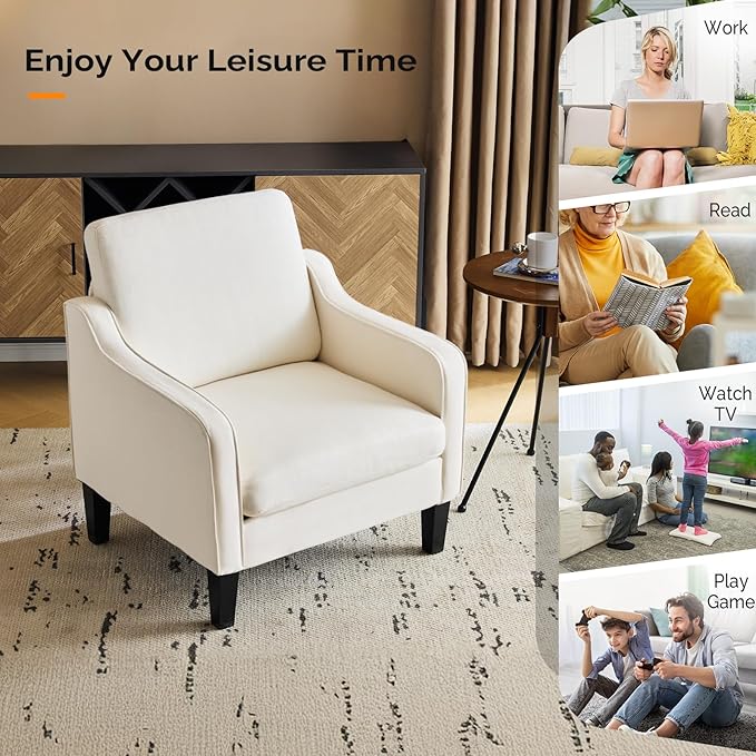 VINGLI Mid Century Modern Accent Chair, Beige Fabric Accent Chairs for Living Room Upholstered Armchair Sofa with Scooped Arms for Bedroom, Apartment, Studio, Office, Waiting Room
