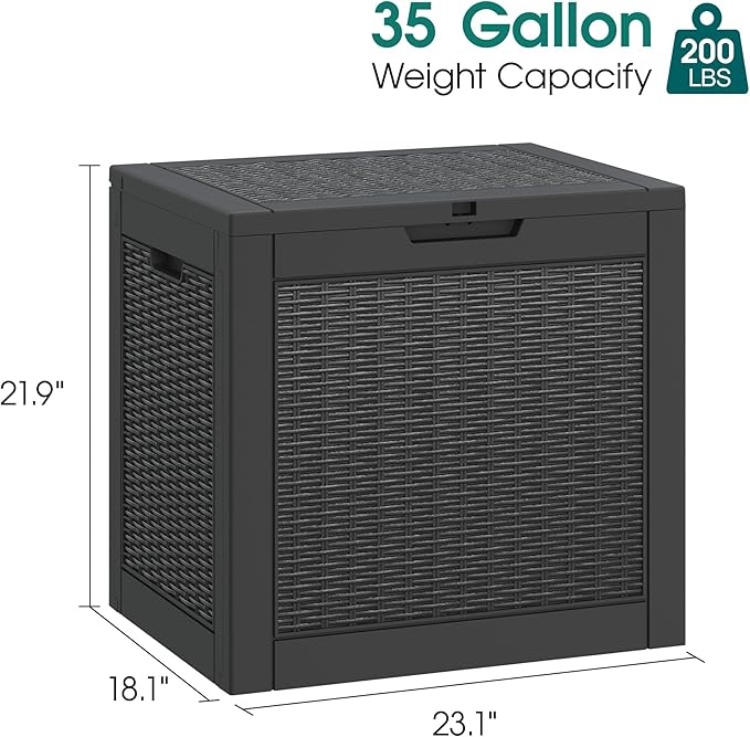 Outdoor Storage Box, Resin Deck Boxes Indoor and outdoor, Waterproof Storage Box Lockable Lid (Black, 35 Gallon)