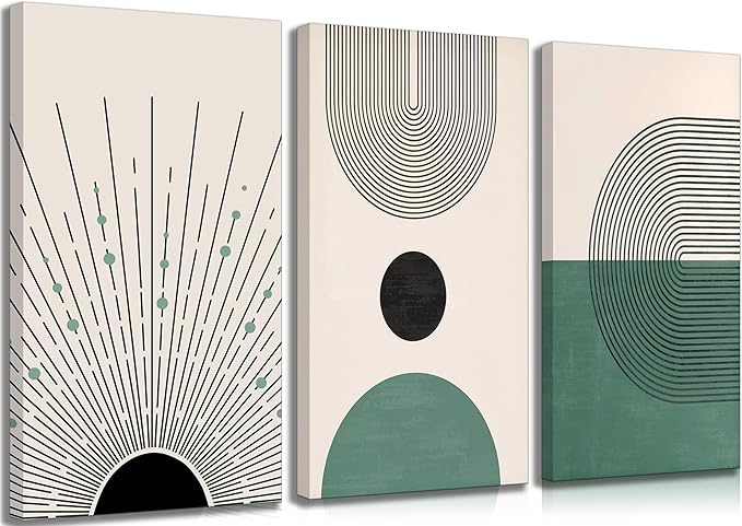 3 Pcs Sage Green Boho Canvas Wall Art Modern Abstract Minimalist Neutral Bohemian Sun Geometric Line Painting Picture Wall Decor Poster Print Artwork for Living Room Bedroom Home Decoration
