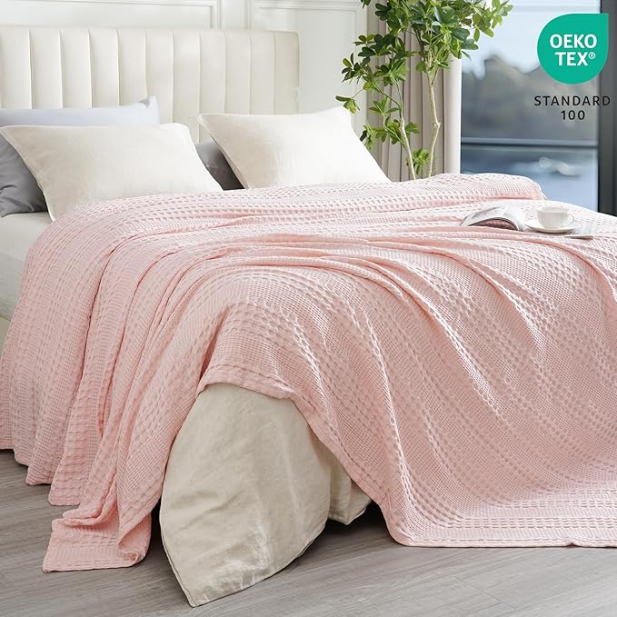 PHF Cooling Waffle Blanket Twin Size, Lightweight 60% Rayon Derived from Bamboo & 40% Cotton Breathable Blanket for Hot Sleepers, Soft and Luxury for Bed Couch and Sofa, 66"x90", Pink