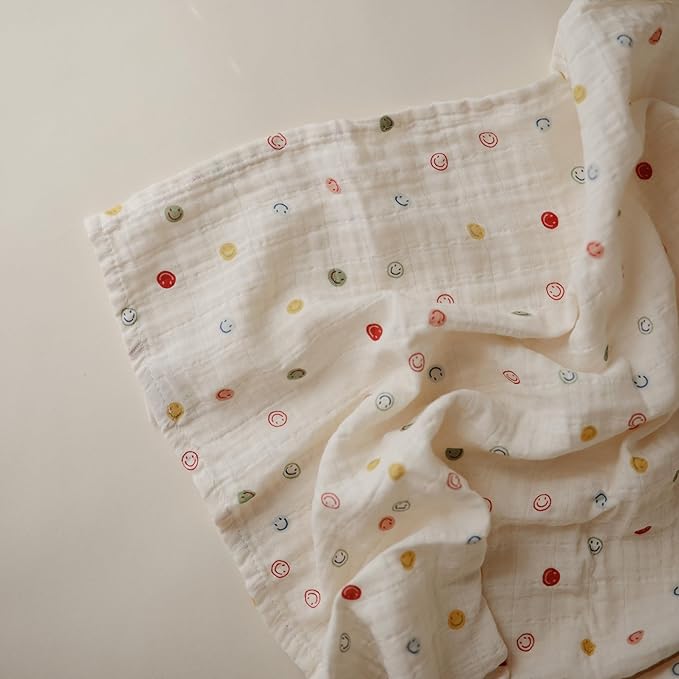 mushie Muslin Baby Swaddle Blanket | 100% Organic Cotton (Smiley Face)
