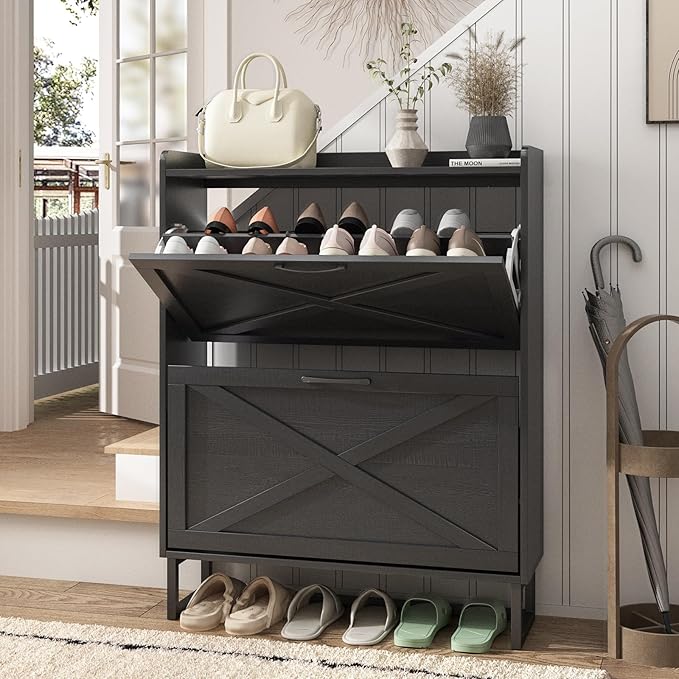 Maupvit Shoe Storage Cabinet with 2 Flip Drawers, Freestanding Organizer with Metal Legs for Entryway, Narrow Shoe Rack Cabinet, Black