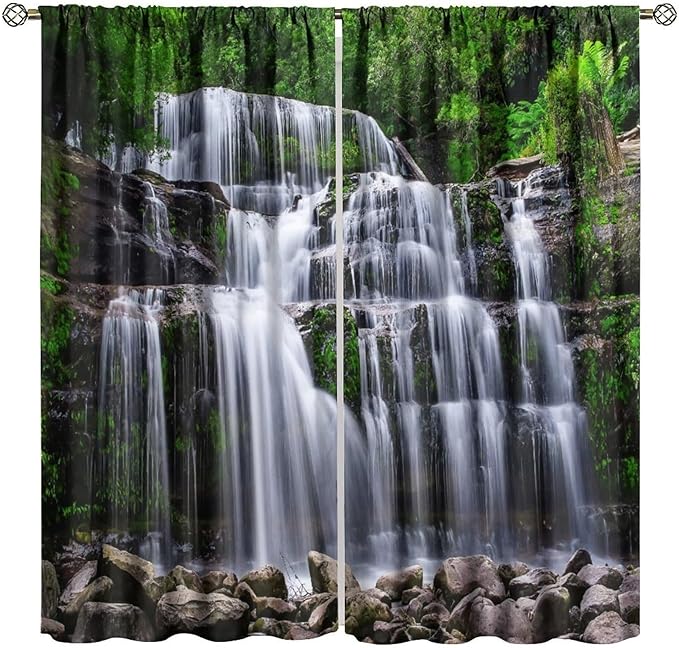 Natural Scenery Blackout Curtains, Spring Rustic Forest Waterfall River Landscape Window Drapes, for Bedroom Living Room 52" W X 84" L