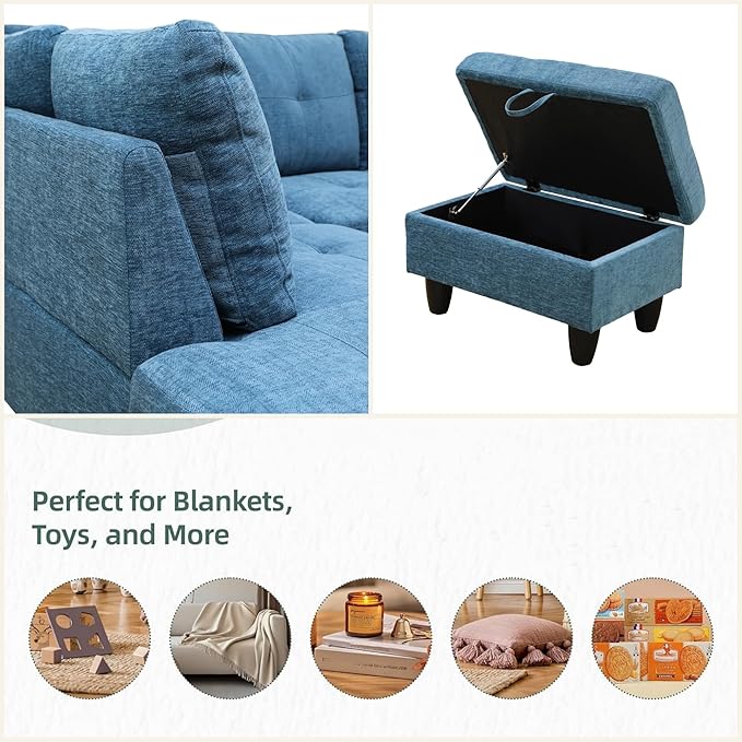 L Shaped Sectional Couches for Living Room, Modern Modular Sectional Sofa with Ottoman Storage, Comfy L Shaped Couch with Chaise for Bedroom Apartment Furniture, Blue