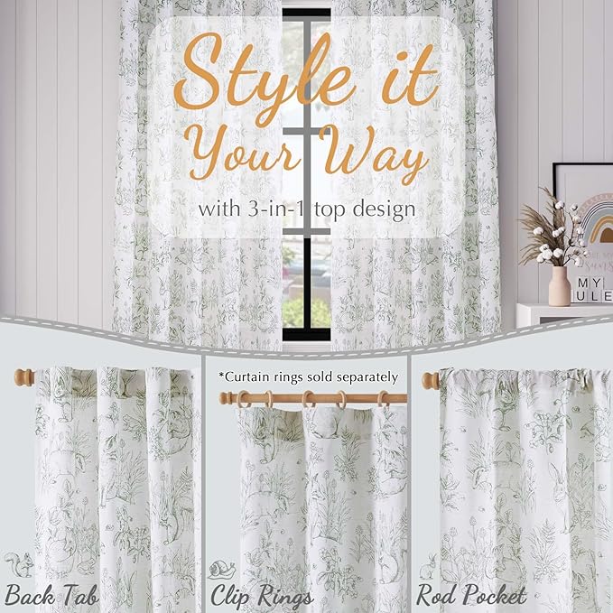 jinchan Linen Nursery Curtains 96 inch Long Woodland Wildlife Sage Green Print Drapes for Kid's Room Light Filtering French Country Farmhouse Curtains with Bunny and Forest Design Set of 2 Panels