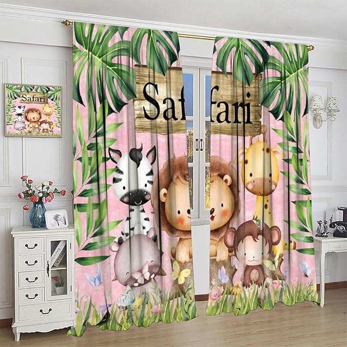 Kids Safari Animals Curtains, Cartoon Wildlife Tropical Leaf Pink Blackout Window Treatments, Rod Pocket Thermal Insulated Drapes 2 Panel Sets for Bedroom Nursery Classroom, 84" W X 84" L
