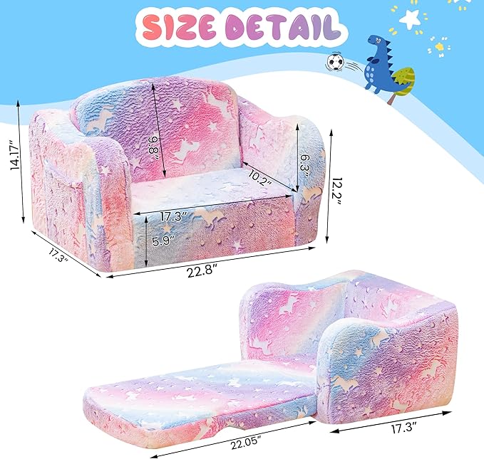 Lamerge 2-in-1 Toddler Couch,Glow in The Dark Baby Floor Bed,Foldable Toddler Chair Kids Sofa for playroom,Convertible Sofa to Lounger for Girls and Boys (Rainbow and Unicorn)