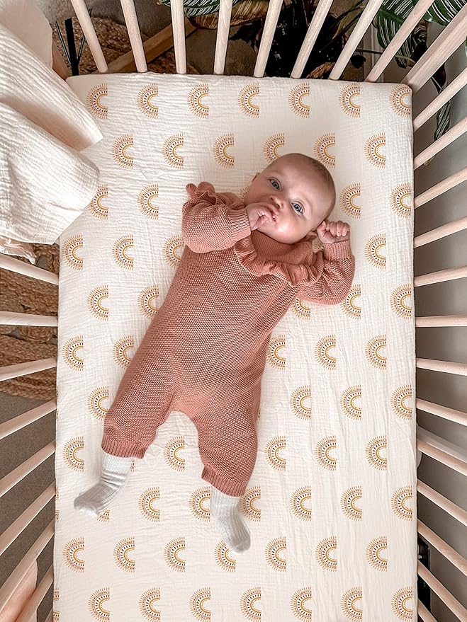 Crib Sheets for Baby Boy Girl 2 Pack, Fitted Crib Mattress Sheet 28" x 52", Muslin Toddler Bedding with Neutral Style, Nursery Bedding Essentials (Beige & Rainbow)