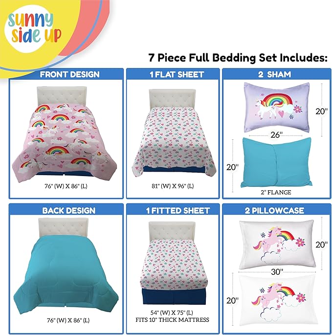 Sunny Side Up Rainbow Unicorns Full Comforter Set - 7 Piece Kids Bedding Includes Comforter, Sheets & Pillow Cover - Super Soft Pink Floral Microfiber Bed Set
