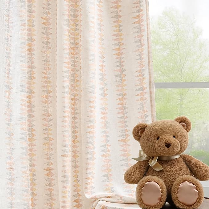 jinchan Linen Nursery Curtains for Living Room Boho Curtains for Bedroom Kids Room 84 Inches Long Pink Geometric Printed Farmhouse Drapes Rod Pocket Window Treatment Curtain Set of 2 Panels Peachy