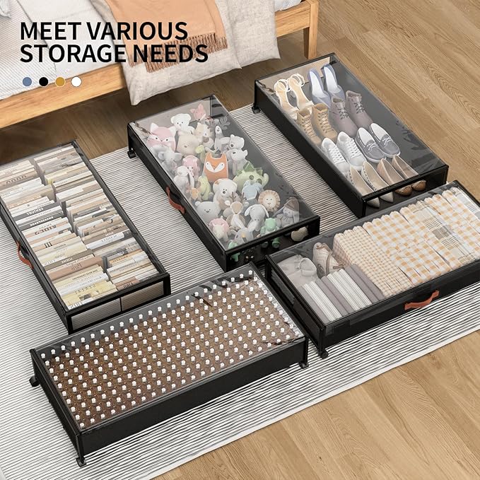 Under Bed Storage with Wheels, XXXL Larger Under Bed Storage Containers with Clear Lids, 36'' Lengthen Under Bed Shoe Organizer, Rolling for Shoes Clothes (Black 1 Pack, XXXL(36"x16.6"x7.48"))